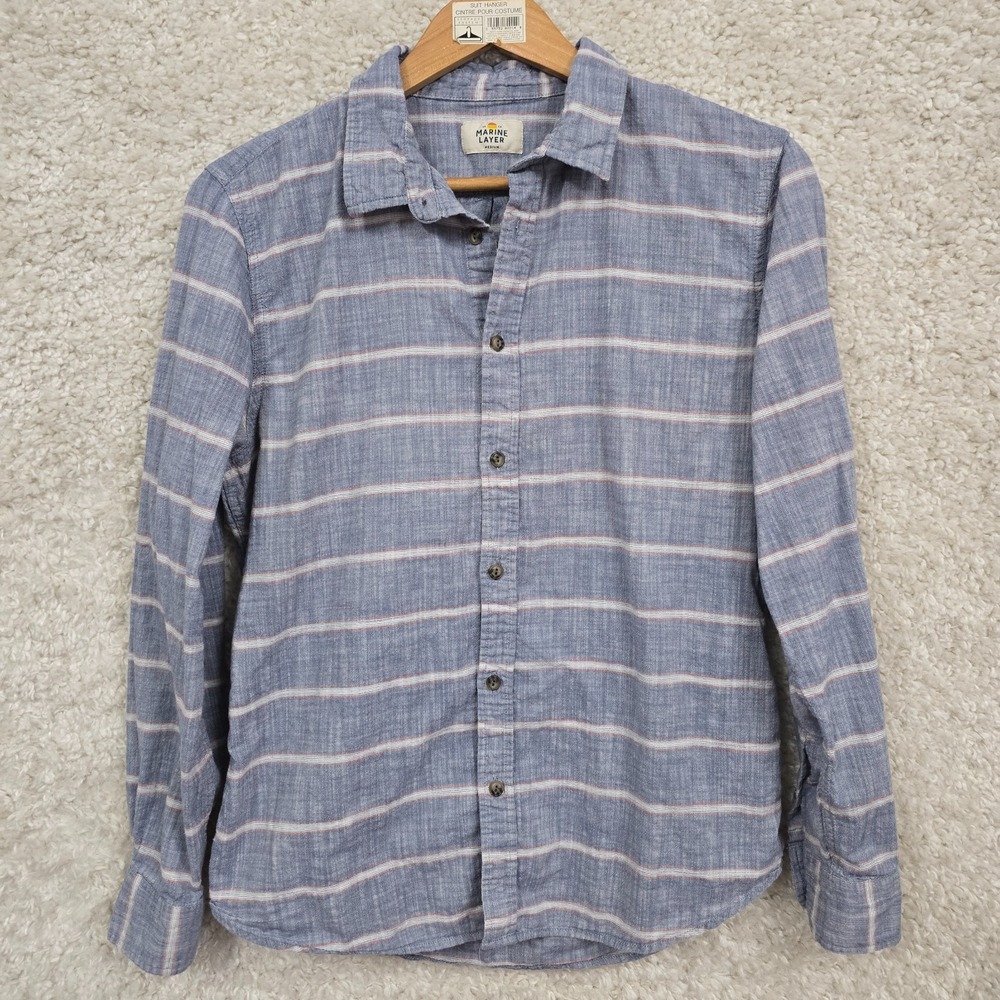 Marine Layer Shirt Men's Medium Blue White Striped‎ Cotton Button Front Casual